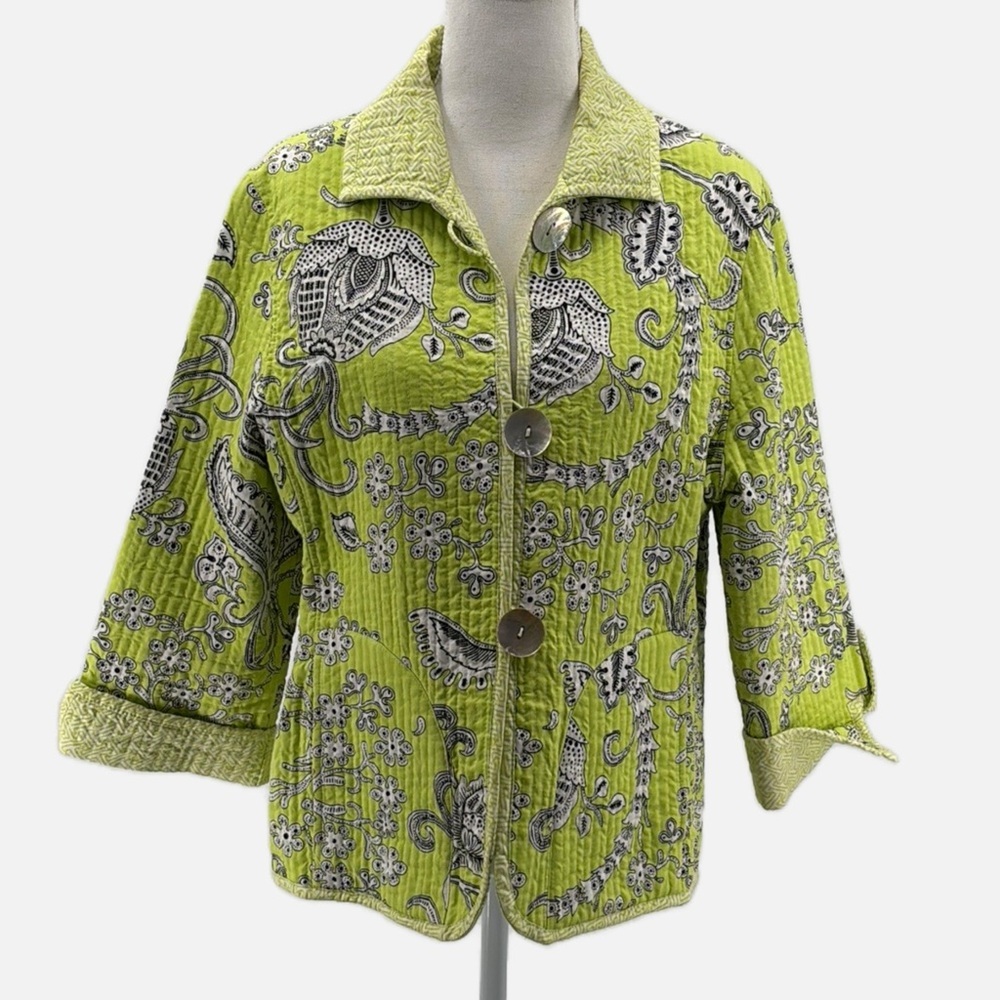 Patty Kim Quilted Cotton Floral Jacket in Lime - Size Large